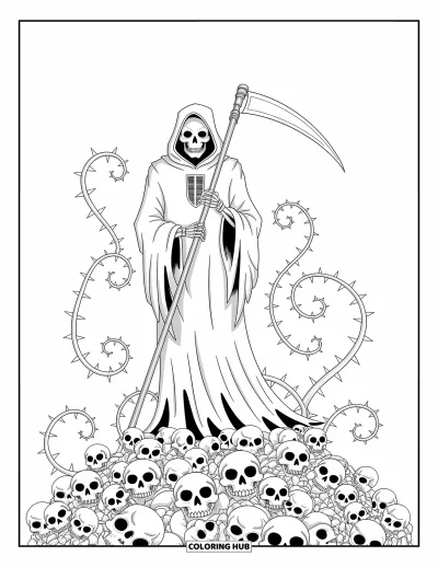 Disegno horror da colorare per adulti: Una Morte incappucciata si erge alta tra rovi spinosi e delicati teschi