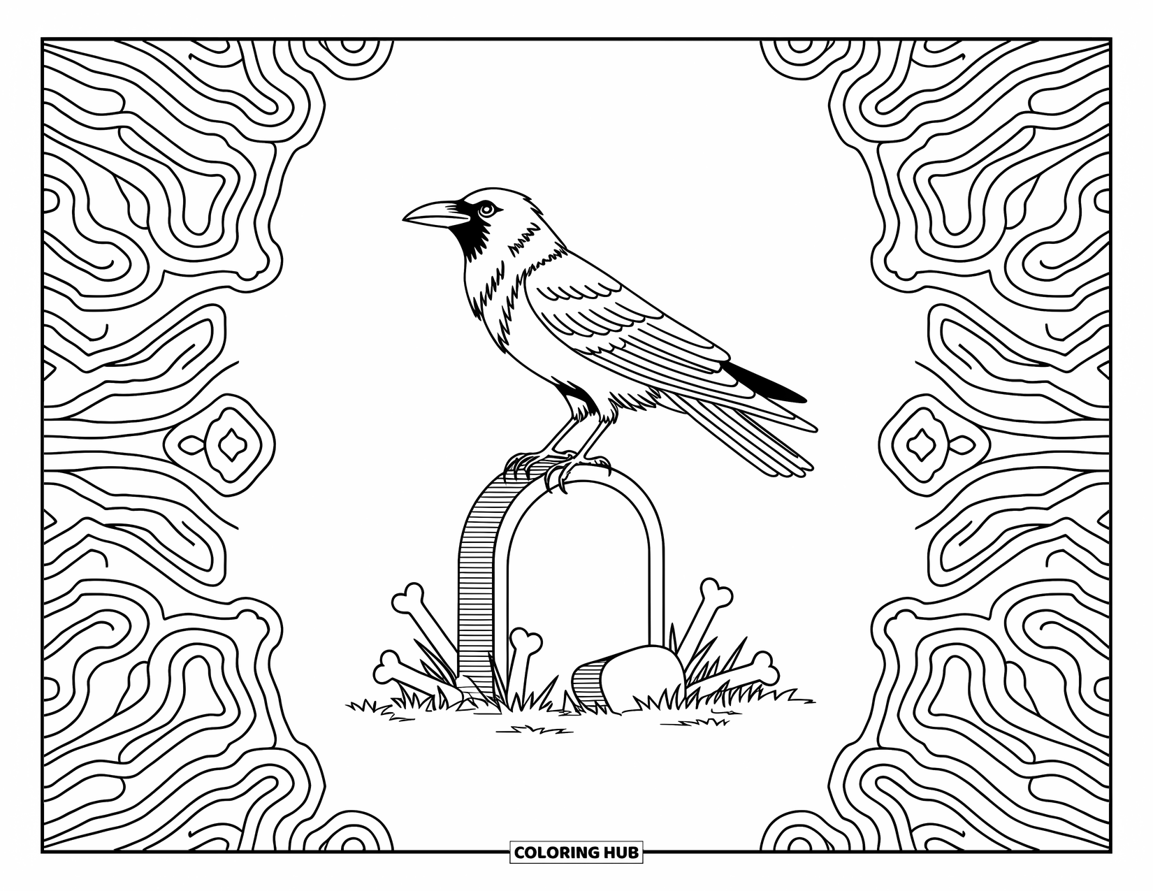 Horror Coloring Page for Adults: A crow perches on a crooked tombstone among scattered bones