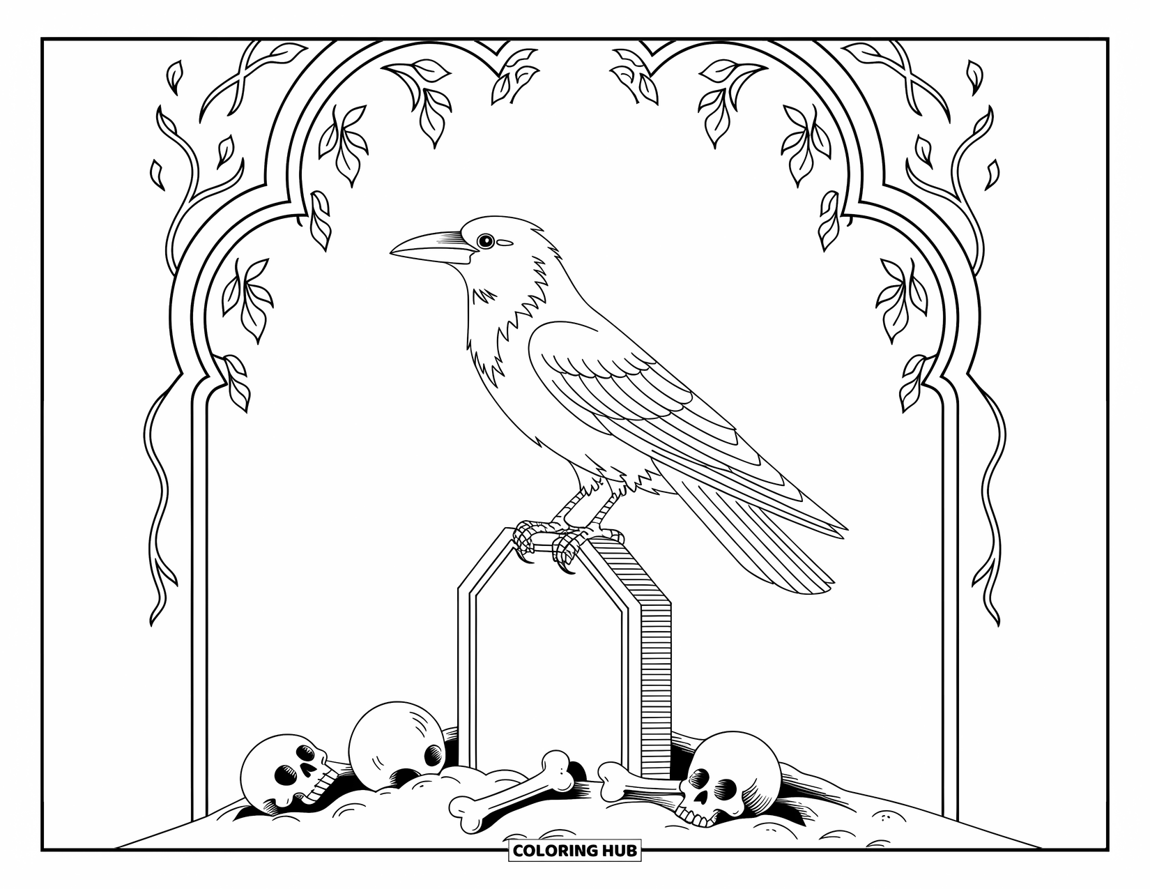 Horror Coloring Page for Adults: A crow perches on a crooked tombstone among twisted vines and gothic ornaments