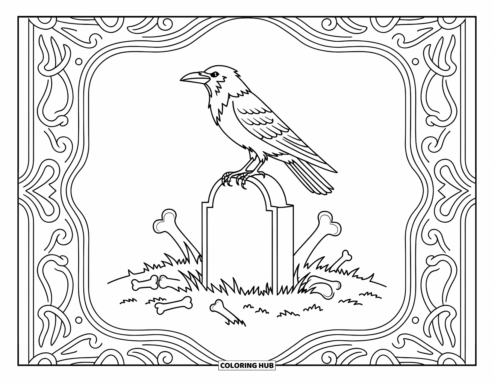 Horror Coloring Page for Adults: A crow sits atop a crooked tombstone with a rich, detailed background