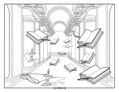Disegno horror da colorare per adulti: Una biblioteca maledetta con libri antichi fluttuanti e candelabri rotti tra motivi intricati