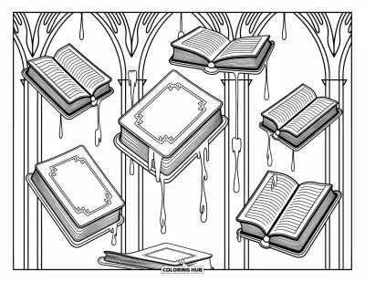 Disegno horror da colorare per adulti: Una biblioteca maledetta con libri fluttuanti ornati e candelabri rotti tra viti vorticose