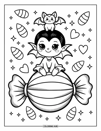Disegno horror da colorare per adulti: Una tenera vampira e il suo amico pipistrello siedono su una caramella circondata da chicchi di mais dolce e cuori