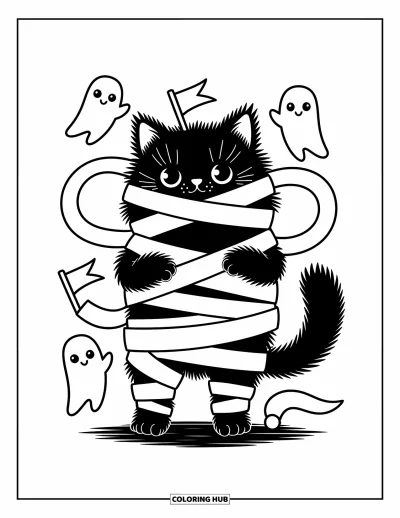 Disegno horror da colorare per adulti: Un soffice piccolo gatto mummia gioca con le bende mentre teneri fantasmi fluttuano accanto