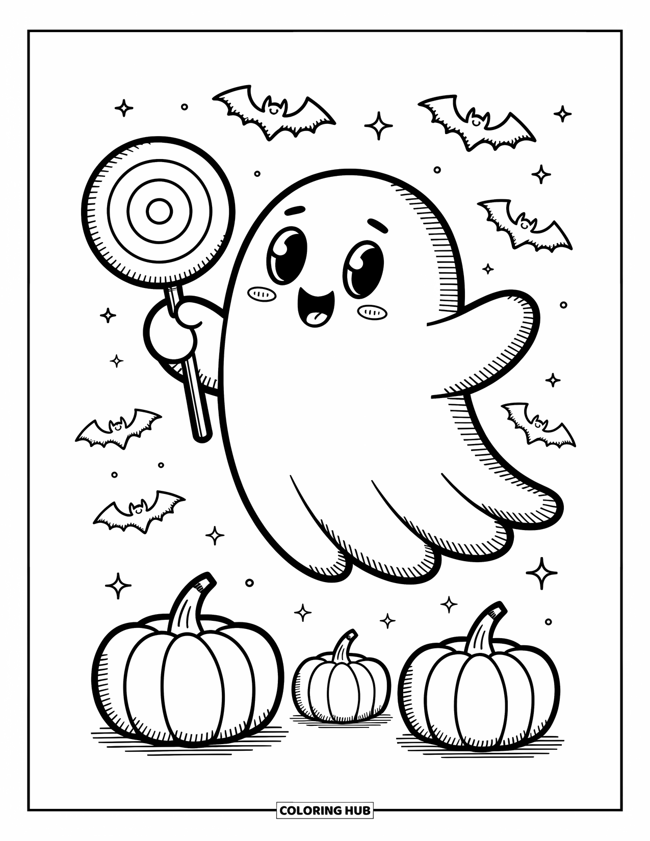 Horror Coloring Page for Adults: A friendly ghost with a lollipop floats over a pumpkin patch with playful bats nearby