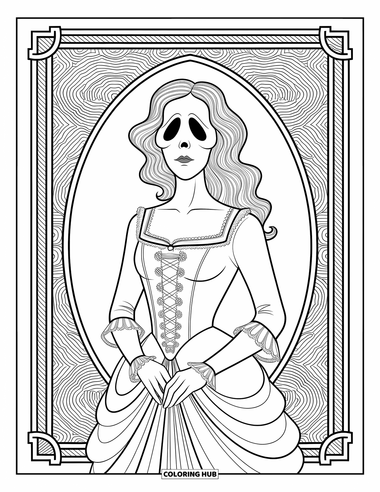 Horror Coloring Page for Adults: A ghostly Victorian woman stands elegantly among swirling floral and vine patterns