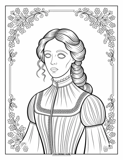 Disegno horror da colorare per adulti: Una donna vittoriana spettrale con motivi in pizzo e bordure floreali elaborate