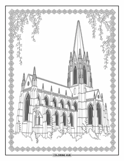 Disegno horror da colorare per adulti: Una cattedrale gotica con grandi guglie, finestre rotte e delicati viticci di edera