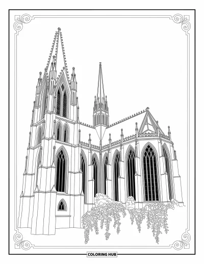 Disegno horror da colorare per adulti: Una cattedrale gotica con guglie altissime, finestre rotte ed eleganti viti vorticose