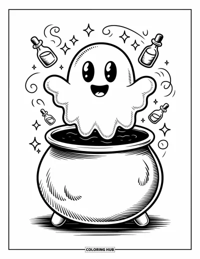 Disegno horror da colorare per adulti: Un fantasma felice emerge da un calderone in ebollizione circondato da magia vorticosa e pozioni
