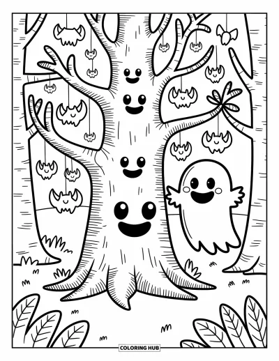 Disegno horror da colorare per adulti: Un albero stregato con facce sorridenti e un fantasma allegro che lega un nastro nella foresta