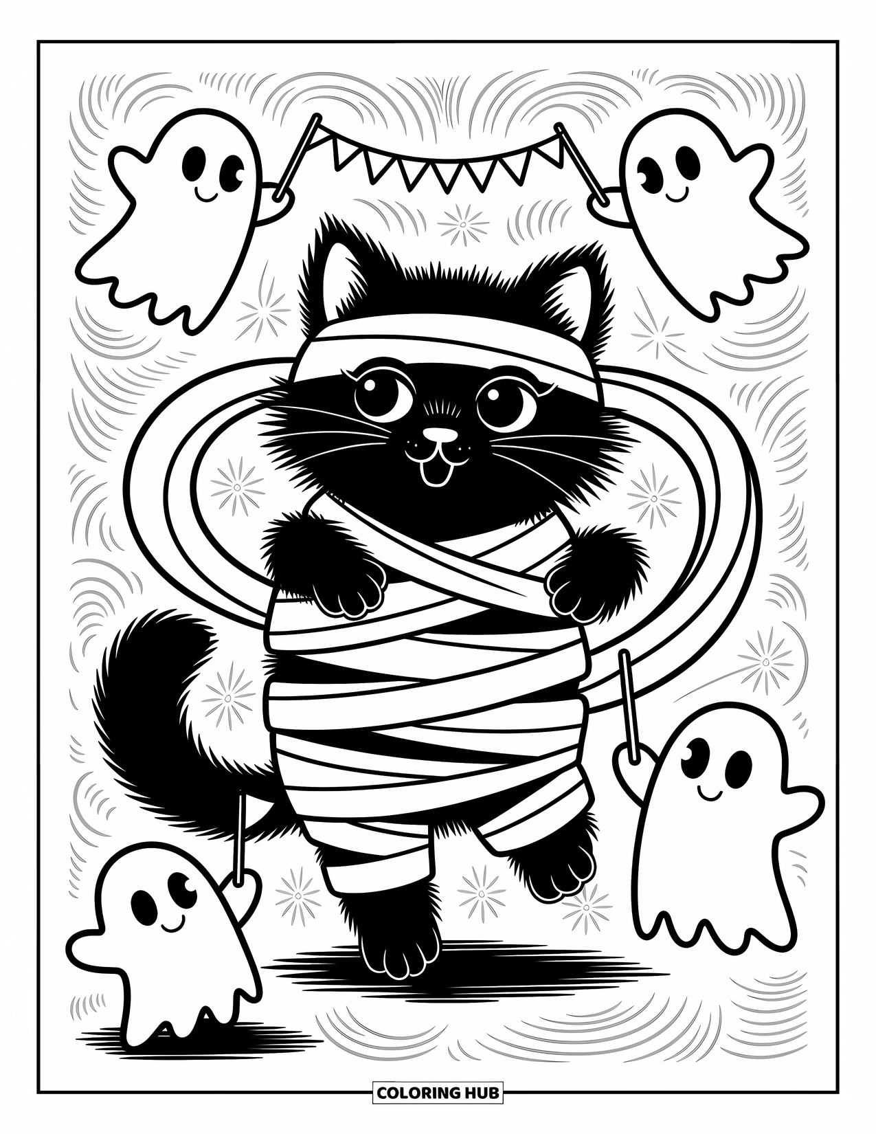 Horror Coloring Page for Adults: A mummy cat tangled in bandages smiles as friendly ghosts wave tiny flags nearby