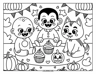 Disegno horror da colorare per adulti: Un trio di mostri giocosi fa un picnic circondato da cupcake e piccole zucche di Halloween