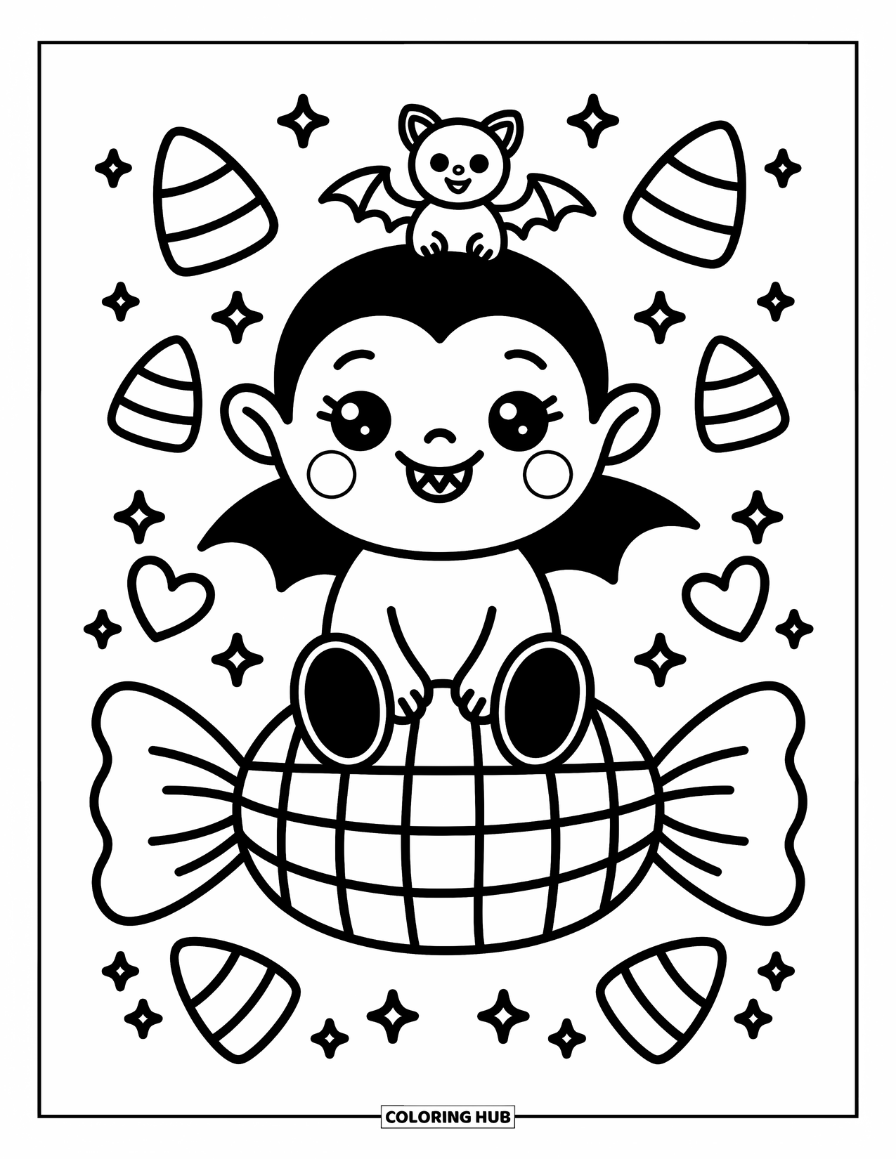 Horror Coloring Page for Adults: A playful vampire with rosy cheeks sits on candy with a bat friend on her head