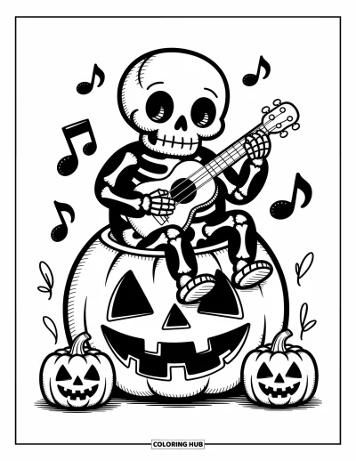Disegno horror da colorare per adulti: Uno scheletro paffuto suona un piccolo ukulele seduto su una zucca di Halloween sorridente