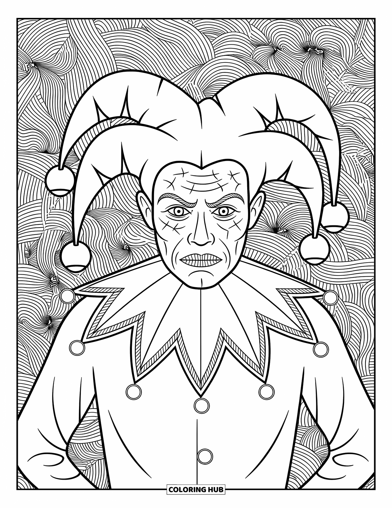 Horror Coloring Page for Adults: A possessed jester with twisted bells stands among elegant, swirling background patterns