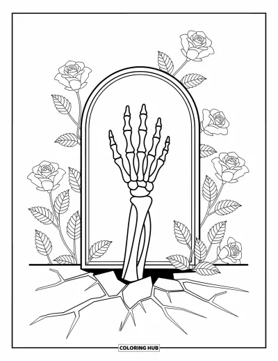 Disegno horror da colorare per adulti: Una mano scheletrica emerge da una tomba incrinata tra delicate rose selvatiche