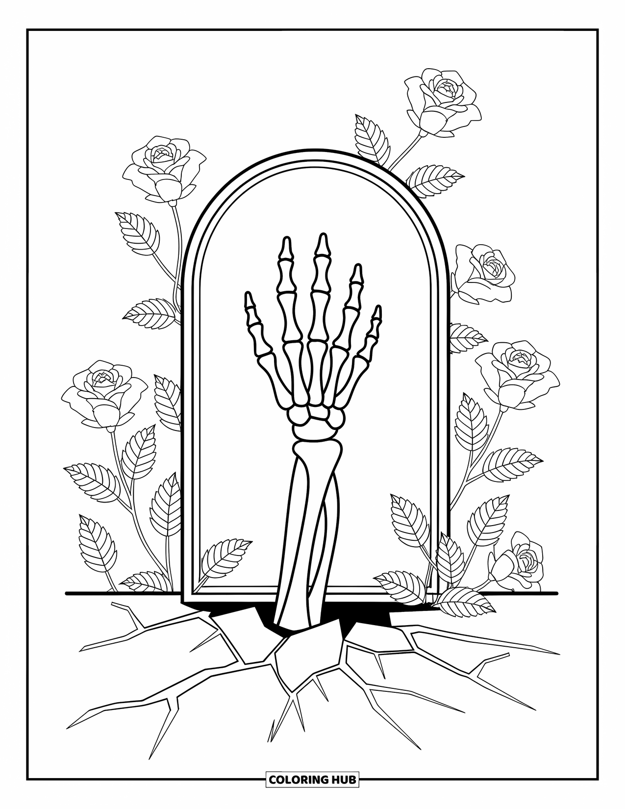 Horror Coloring Page for Adults: A skeletal hand emerges from a cracked grave among delicate wild roses