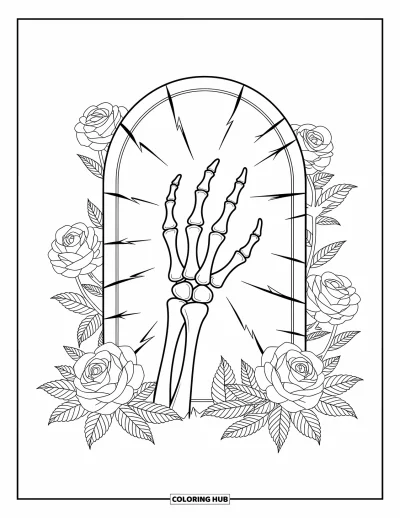 Disegno horror da colorare per adulti: Una mano scheletrica emerge da una tomba incrinata circondata da rose selvatiche e motivi vorticosi