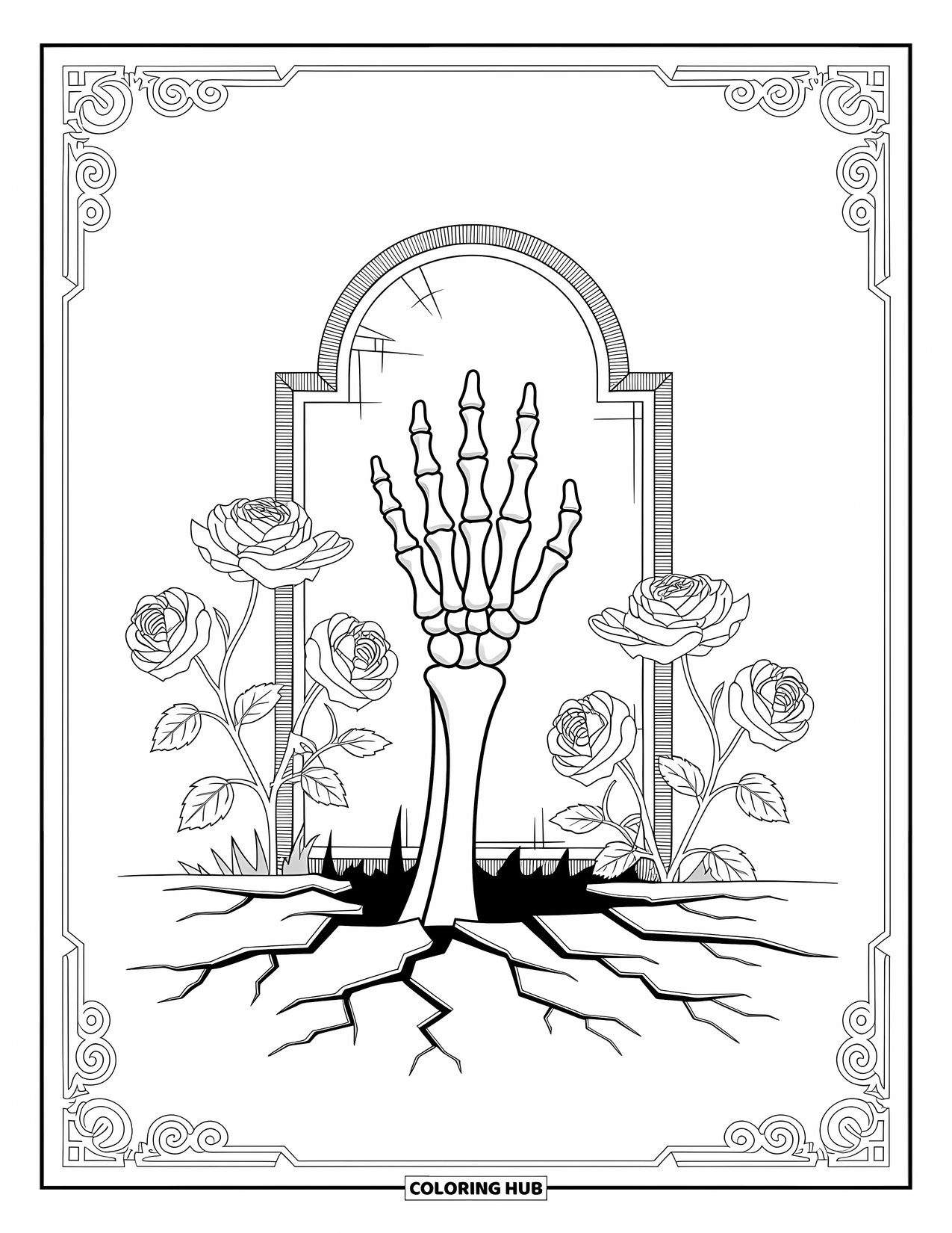 Horror Coloring Page for Adults: A skeletal hand reaches out, surrounded by swirling vines, ornate borders, and wild roses