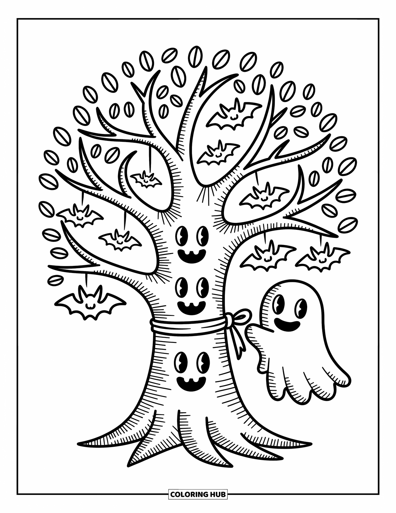 Horror Coloring Page for Adults: A small haunted tree smiles warmly while tiny bats hang playfully from its branches
