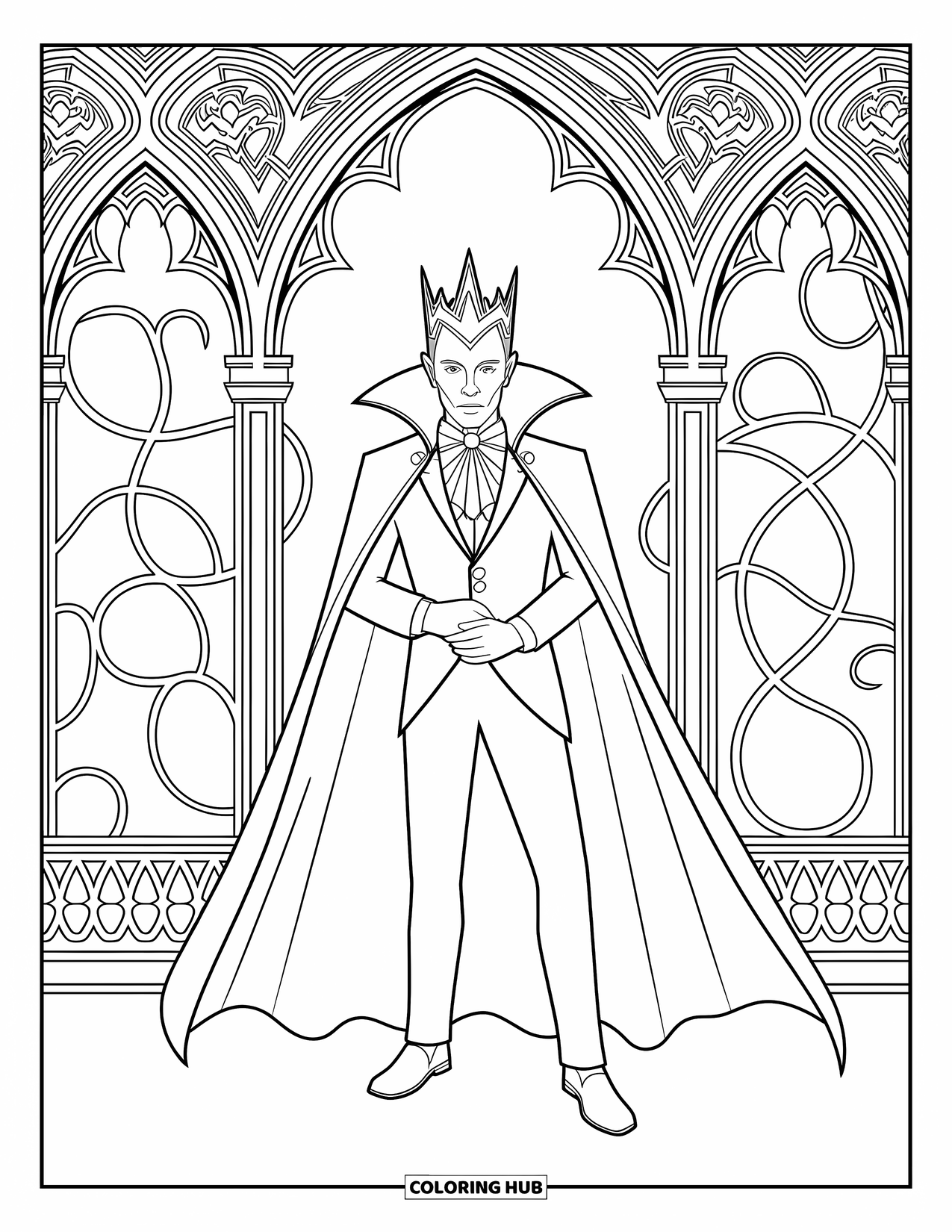 Horror Coloring Page for Adults: A twisted vampire lord appears before gothic architecture and swirling vines