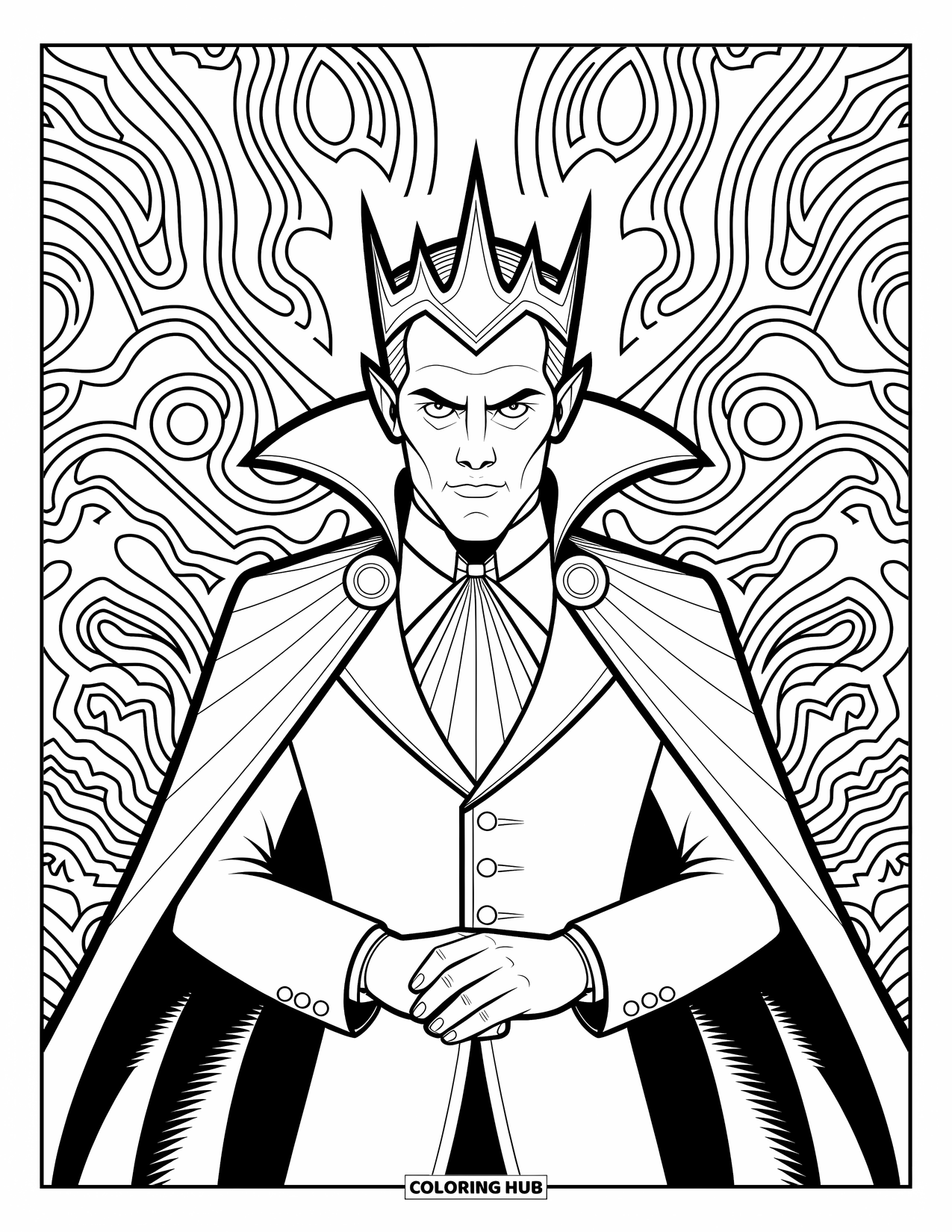 Horror Coloring Page for Adults: A twisted vampire lord stands proudly with a jagged crown and flowing cape