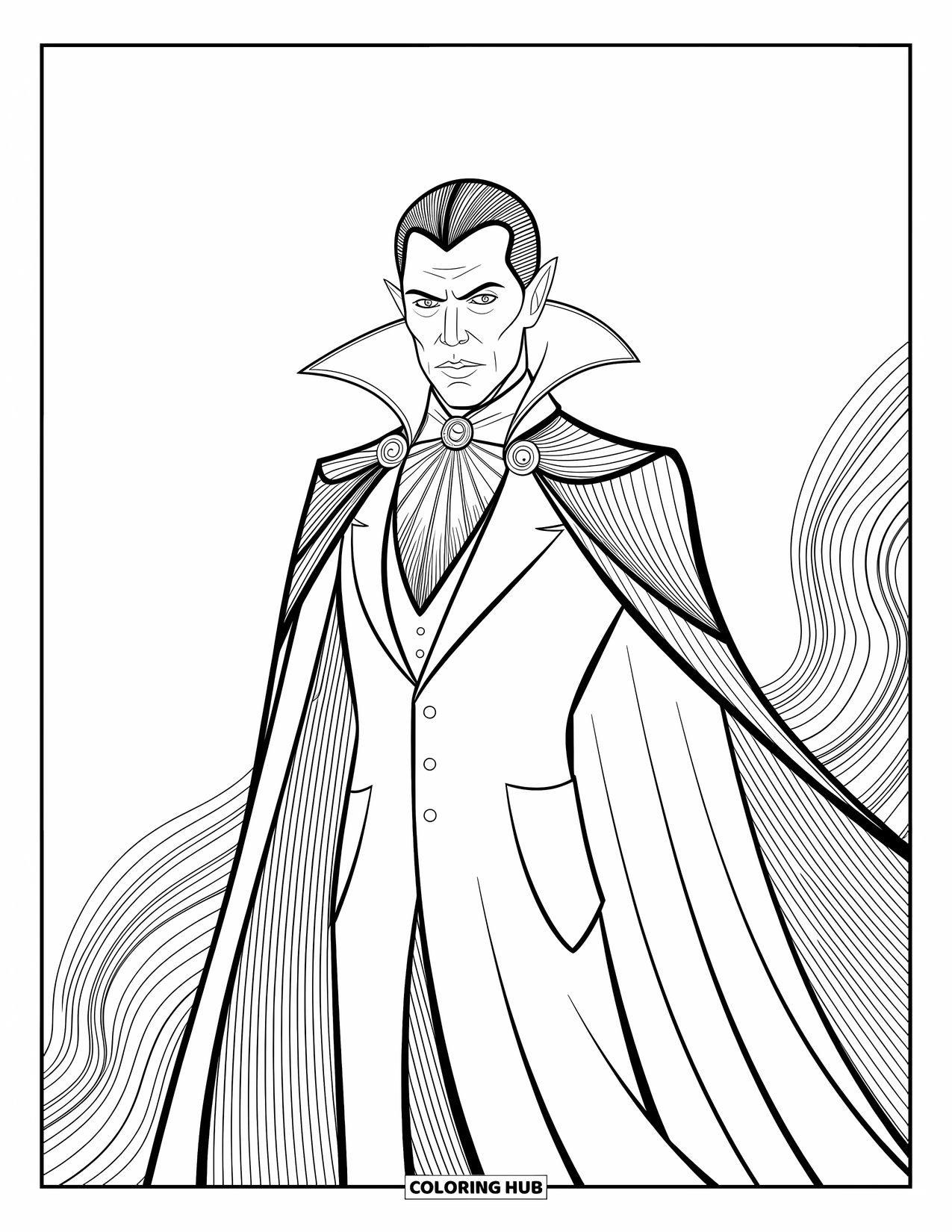 Horror Coloring Page for Adults: A twisted vampire lord stands tall, surrounded by elaborate, swirling designs