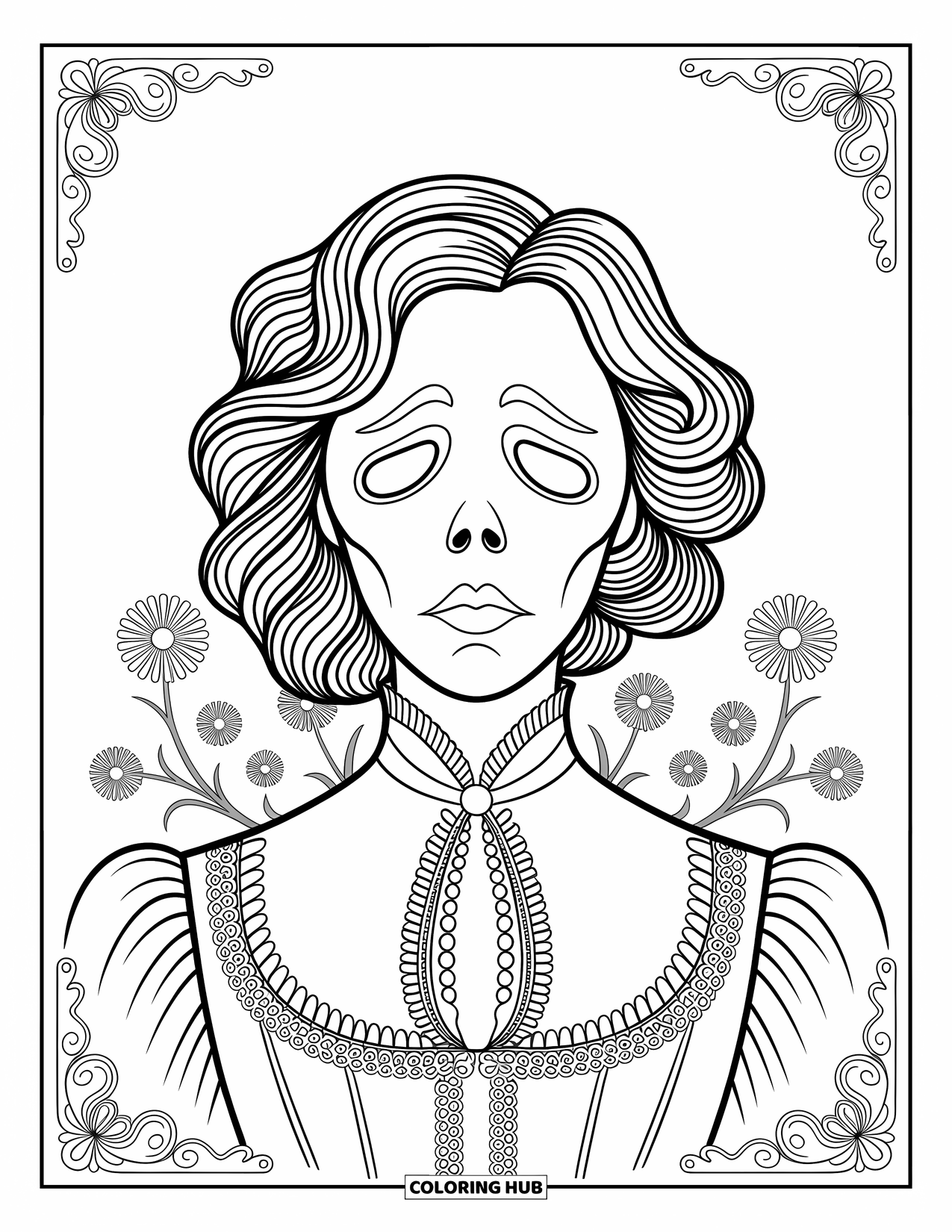 Horror Coloring Page for Adults: A Victorian ghostly woman with hollow eyes surrounded by delicate floral patterns