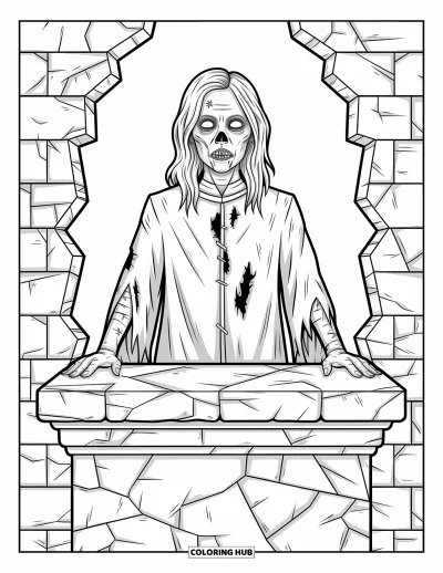 Disegno horror da colorare per adulti: Una sacerdotessa zombie in vesti strappate affronta un altare in rovina circondato da motivi elaborati