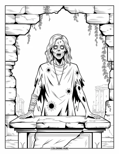 Disegno horror da colorare per adulti: Una sacerdotessa zombie si erge davanti a rovine antiche avvolte in viti e disegni vorticosi