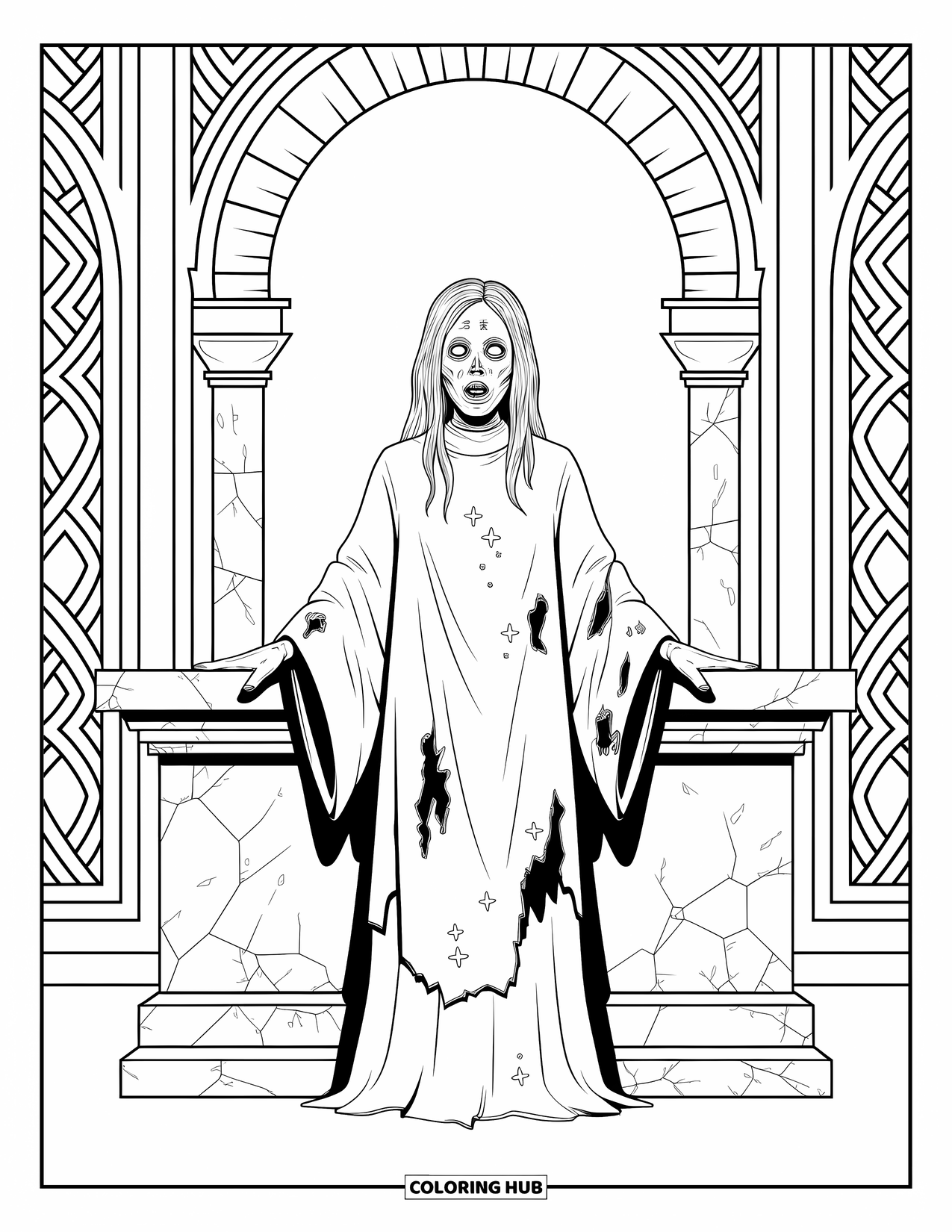 Horror Coloring Page for Adults: A zombie priestess with ritual markings stands before a crumbling altar in detailed surroundings