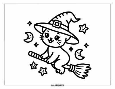 Disegno horror da colorare per adulti: Un'adorabile gatta-strega cavalca una scopa-caramella con lune sorridenti e stelle scintillanti