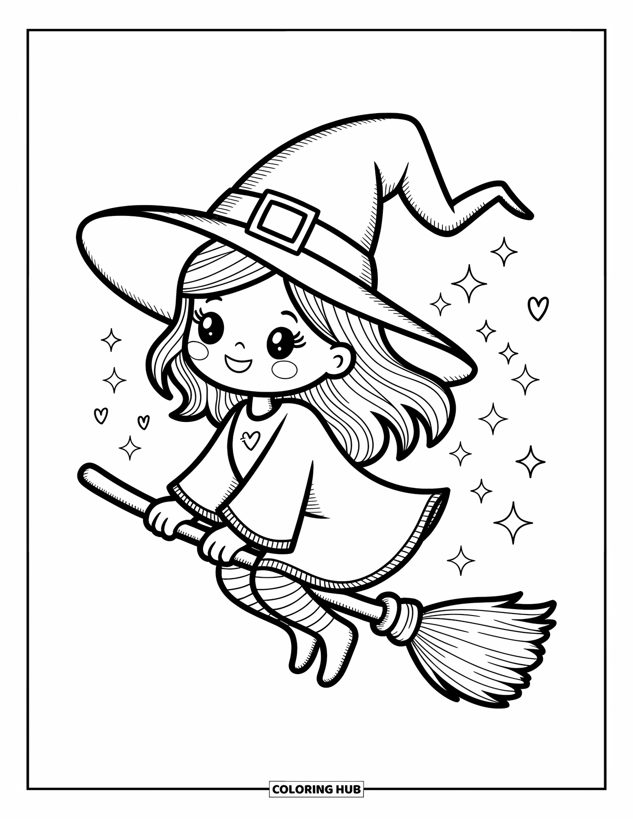 Horror Coloring Page for Adults: An adorable witch flies on a stubby broomstick with a floppy hat and sparkling trails