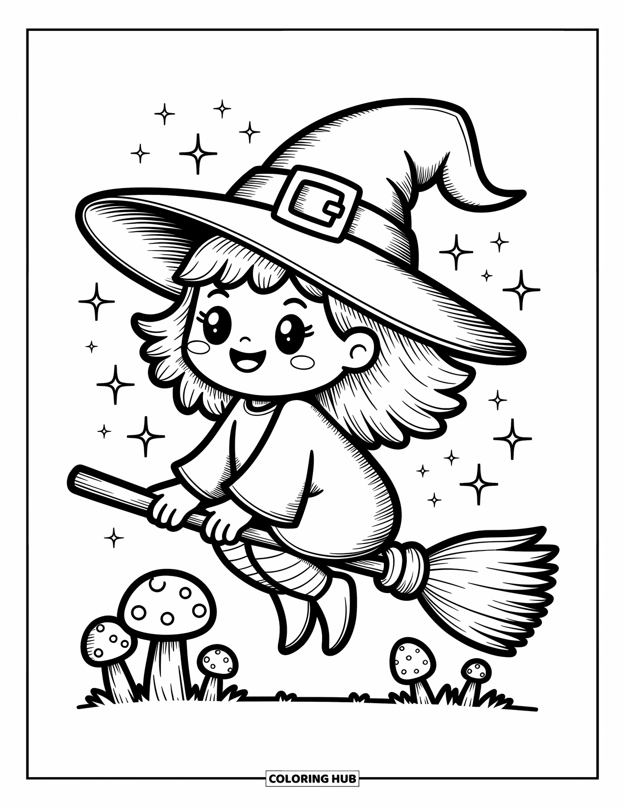 Horror Coloring Page for Adults: An adorable witch flies on a stubby broomstick with sparkles and a floppy hat