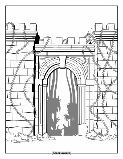 Disegno horror da colorare per adulti: Un antico portone di castello nascosto dietro fitti rovi spinosi e ombre misteriose