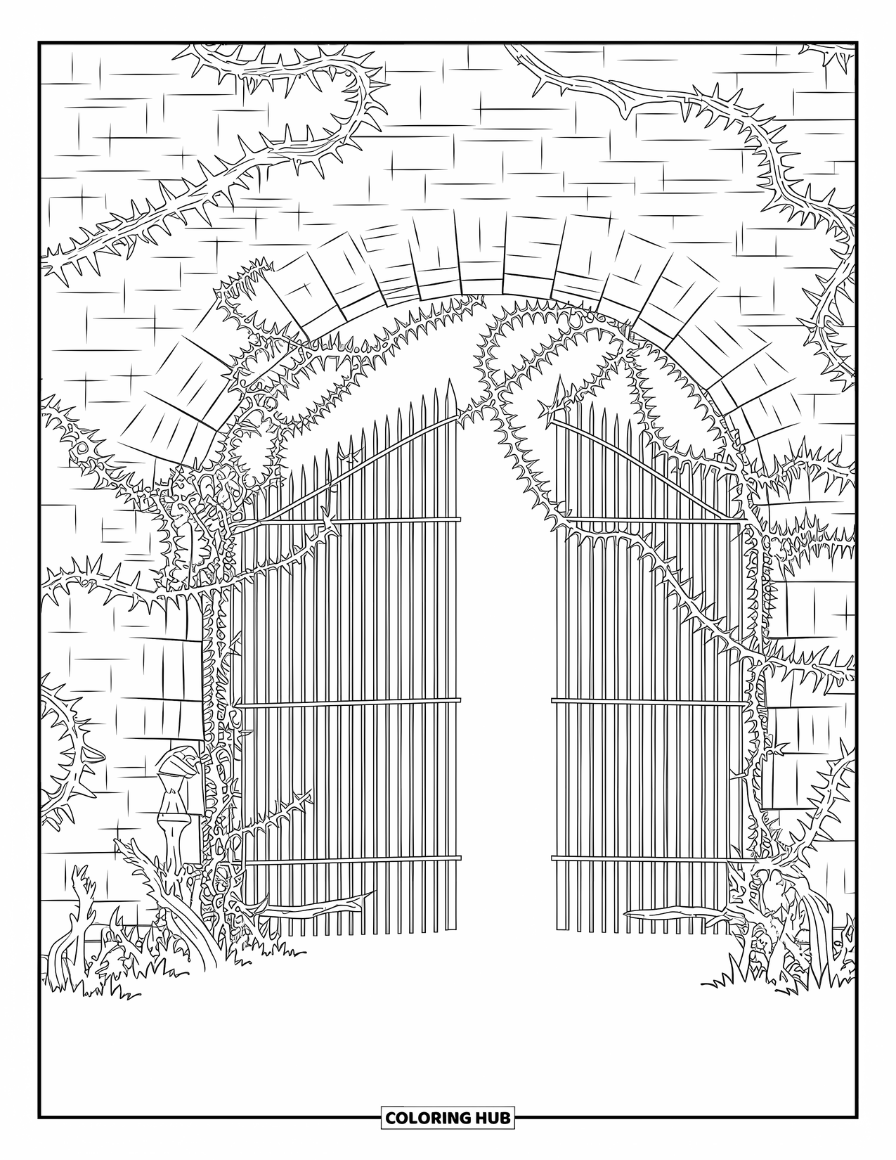 Horror Coloring Page for Adults: An ancient castle gate wrapped in gnarled vines with mysterious shadows lurking