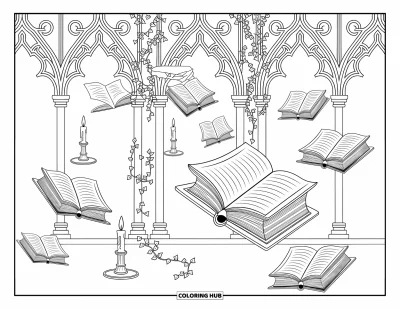 Disegno horror da colorare per adulti: Libri antichi fluttuanti e candelabri rotti riempiono una biblioteca maledetta con archi gotici