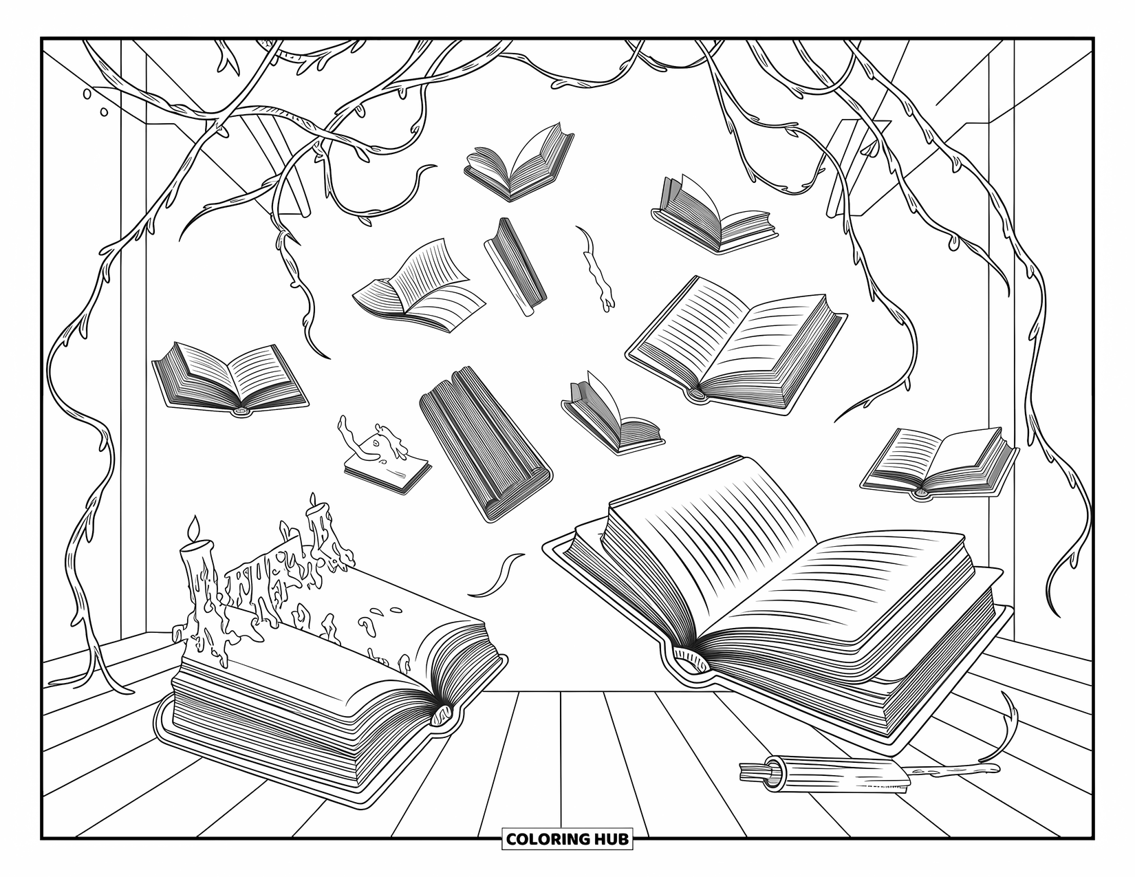 Horror Coloring Page for Adults: Floating books and broken candle holders drift through a cursed library tangled in eerie vines