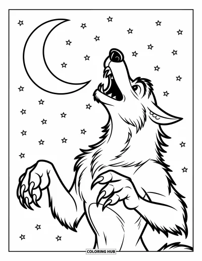 Disegno horror da colorare per bambini: Un lupo mannaro cartoonesco ulula alla luna con il pelo che ondeggia nella brezza notturna