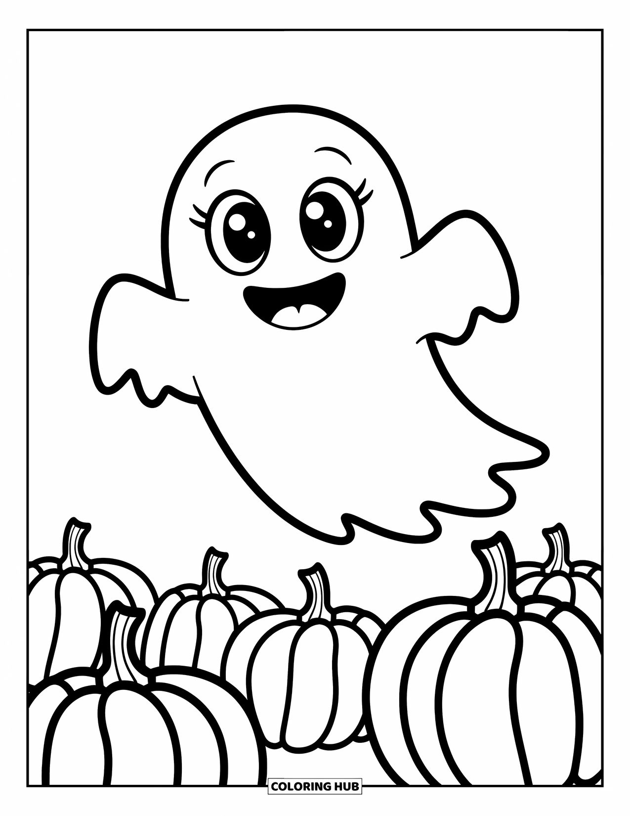 Horror Coloring Page for Kids: A cheerful ghost with wide eyes floats happily above a patch of playful pumpkins