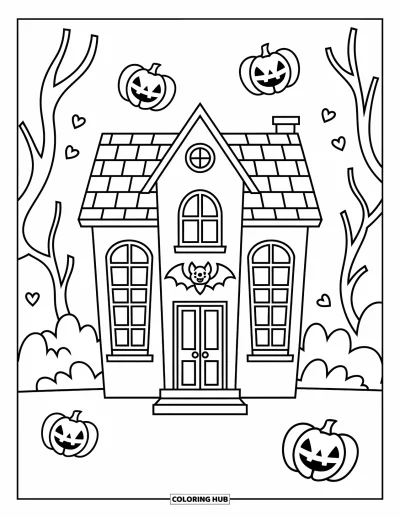Disegno horror da colorare per bambini: Una casa stregata allegra circondata da zucche fluttuanti e alberi tenui con un pipistrello sorridente
