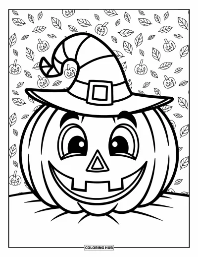 Disegno horror da colorare per bambini: Una zucca di Halloween sorridente con un cappello buffo e storto tra piccole foglie turbinanti
