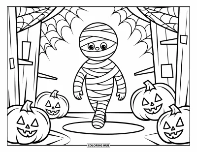 Disegno horror da colorare per bambini: Una mummia allegra avvolta in bende ordinate cammina in una scena di casa stregata giocosa