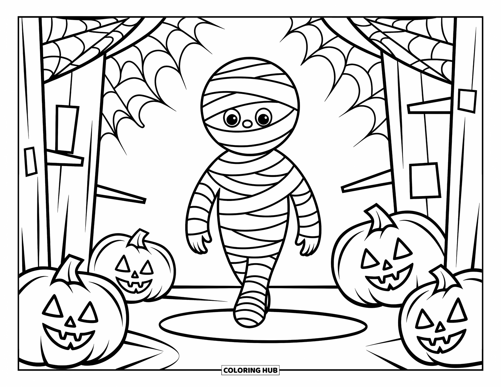 Horror Coloring Page for Kids: A cheerful mummy wrapped in tidy bandages walks through a playful haunted house scene