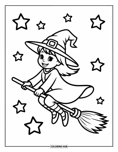 Disegno horror da colorare per bambini: Una strega allegra con un cappello tondo vola elegantemente in un cielo stellato