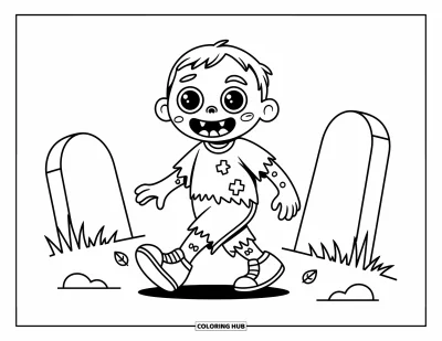 Disegno horror da colorare per bambini: Uno zombie sorridente con una scarpa mancante cammina allegramente in un cimitero tranquillo