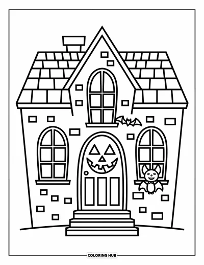 Disegno horror da colorare per bambini: Una casa stregata accogliente con finestre storte e un pipistrello felice appollaiato sul tetto