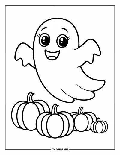 Disegno horror da colorare per bambini: Un fantasma tenero con grandi occhi fluttua delicatamente sopra un campo di zucche dalle forme simpatiche