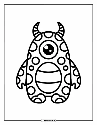 Disegno horror da colorare per bambini: Un tenero mostro con due corna e un grande occhio è in piedi felice con un ampio sorriso gioioso